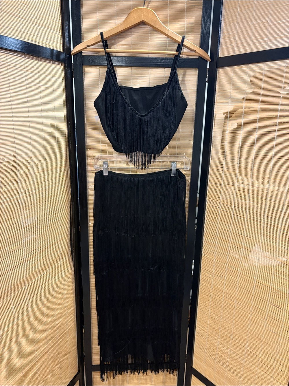 Black Fringe Maxi Skirt - Sleek Two-Piece Set